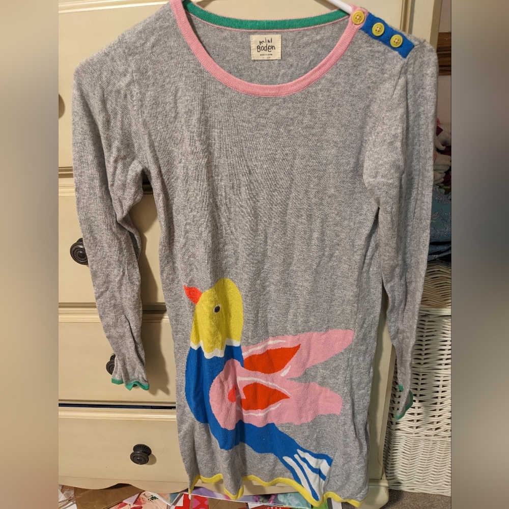 Mini Boden Gray Sweater Dress with Colorful Bird Design Size 11-12